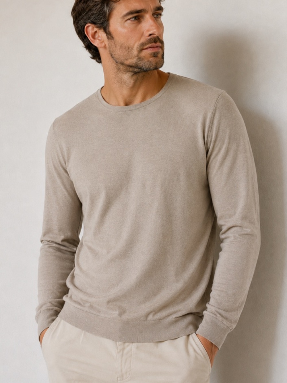 Ports  1961 Latte Lightweight Fine Knit Crewneck Sweater Cotton Silk Size